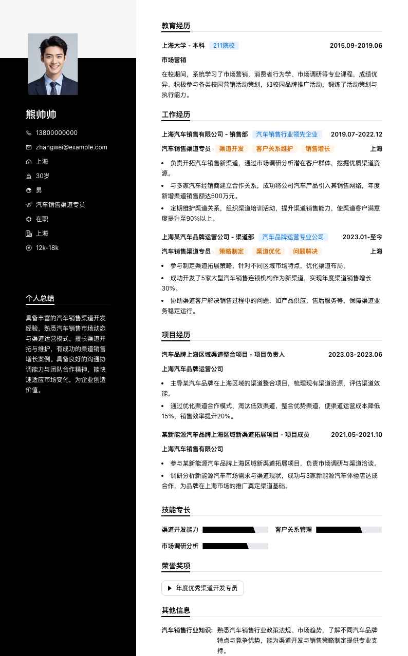 汽车销售渠道专员简历模板