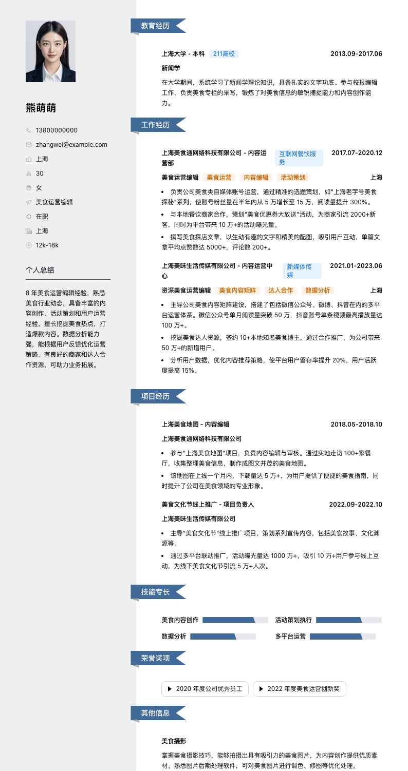 美食运营编辑简历模板