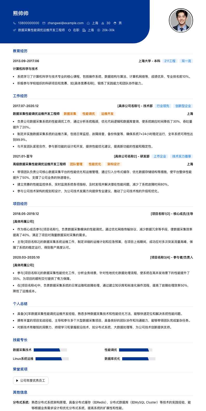 数据采集性能调优运维简历模板