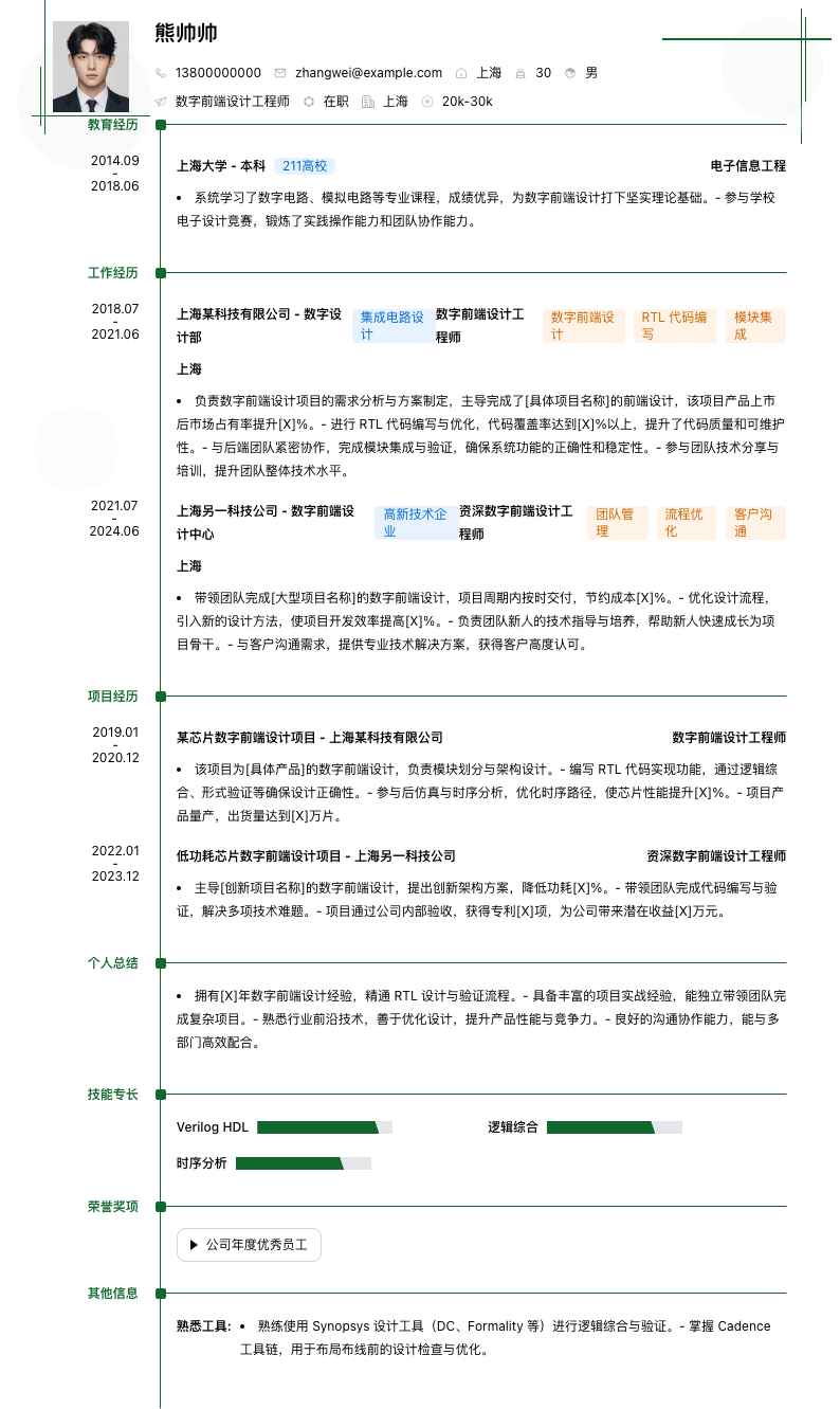 数字前端设计工程师简历模板