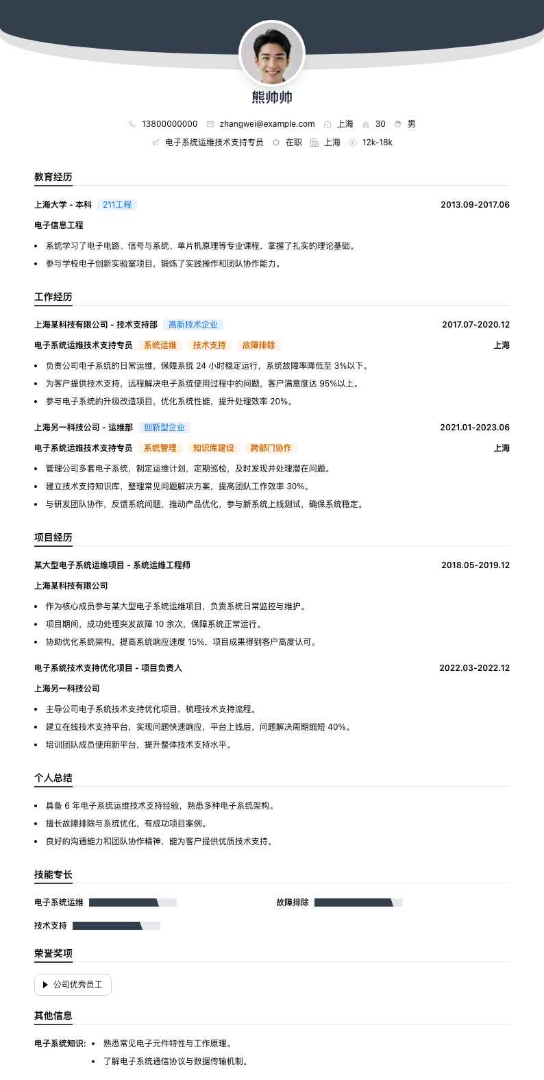 电子系统运维技术支持专员简历模板