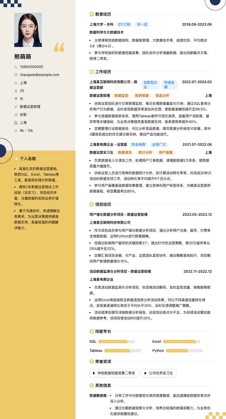 数据运营助理简历模板