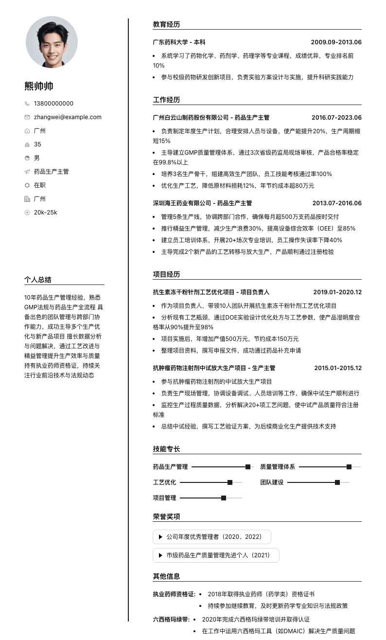药品生产主管简历模板