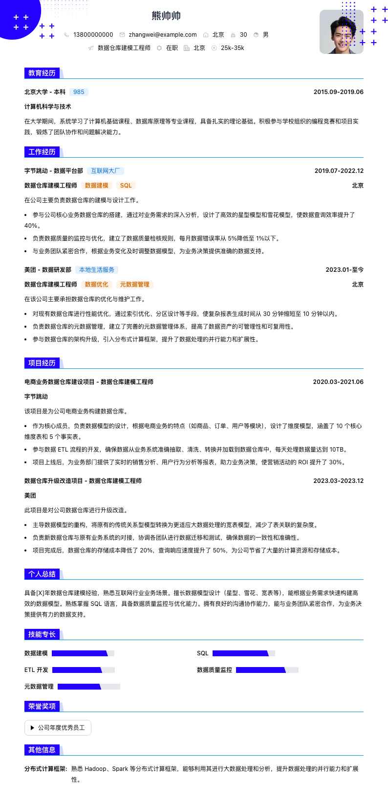 数据仓库建模工程师简历模板