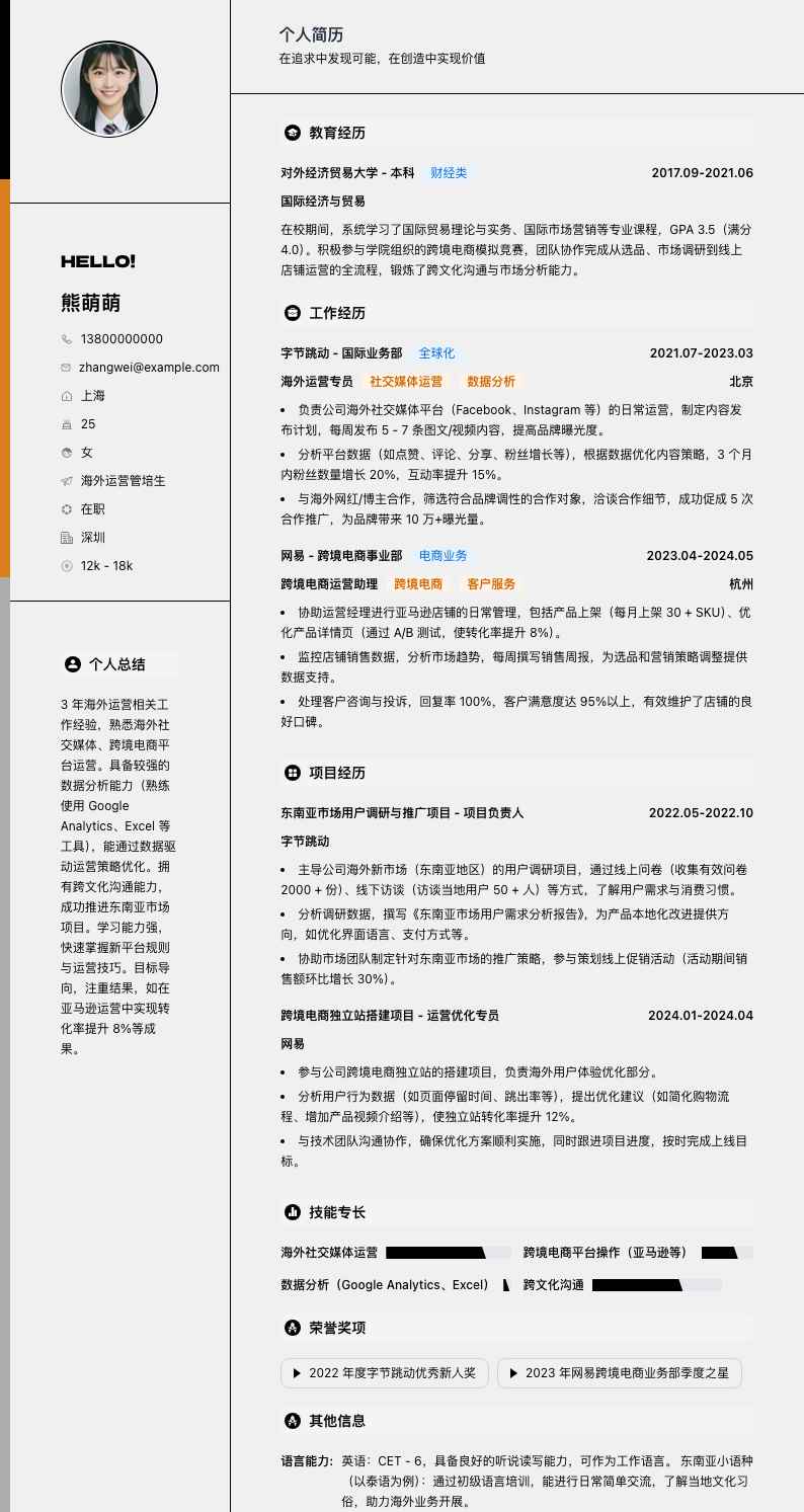 海外运营管培生简历模板