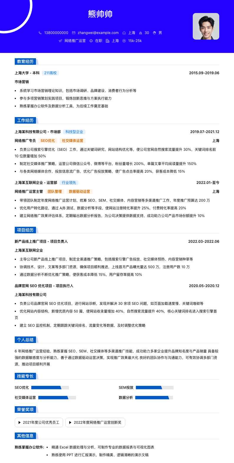 网络推广运营简历模板