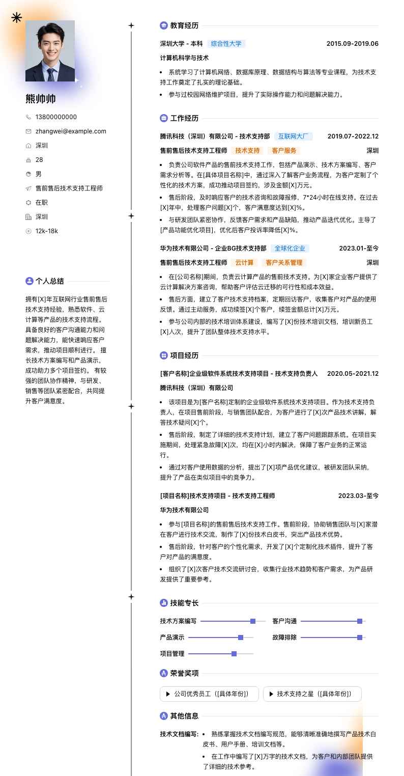 售前售后技术支持工程师简历模板