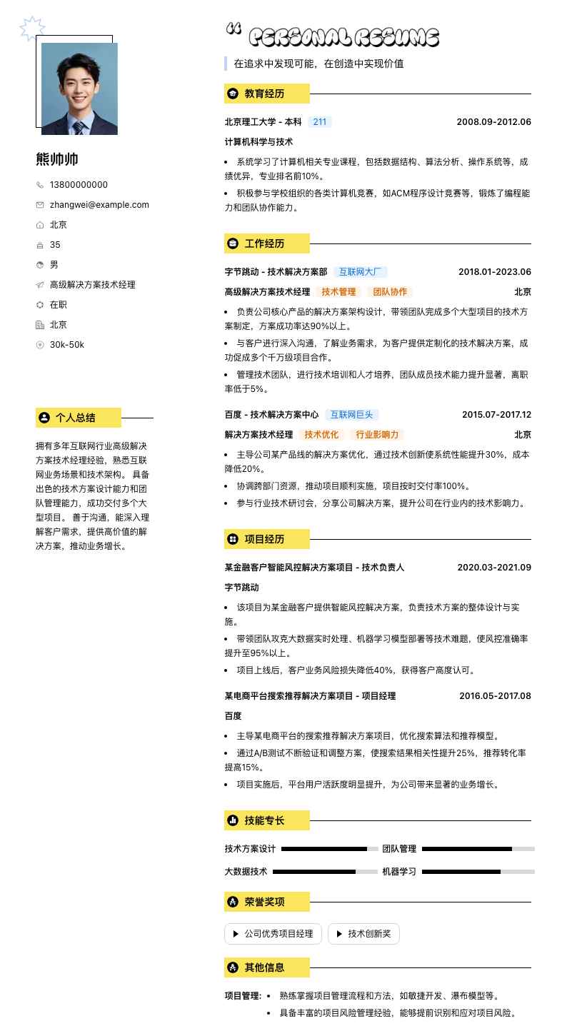 高级解决方案技术经理简历模板