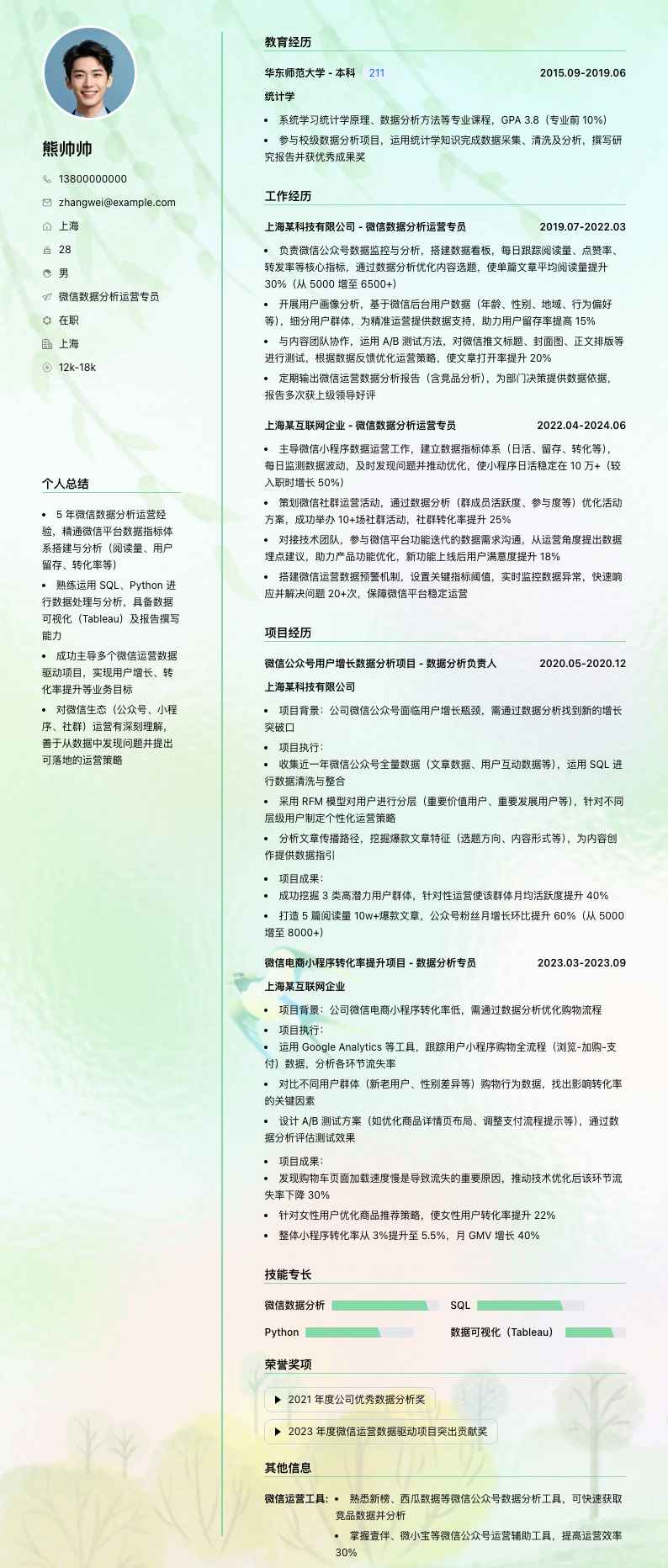 微信数据分析运营专员简历模板