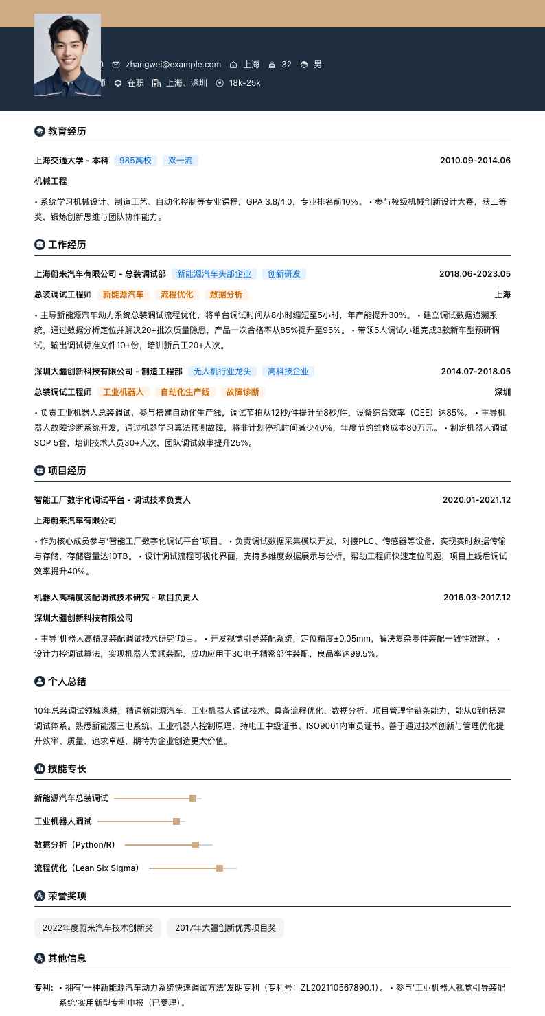 总装调试工程师简历模板