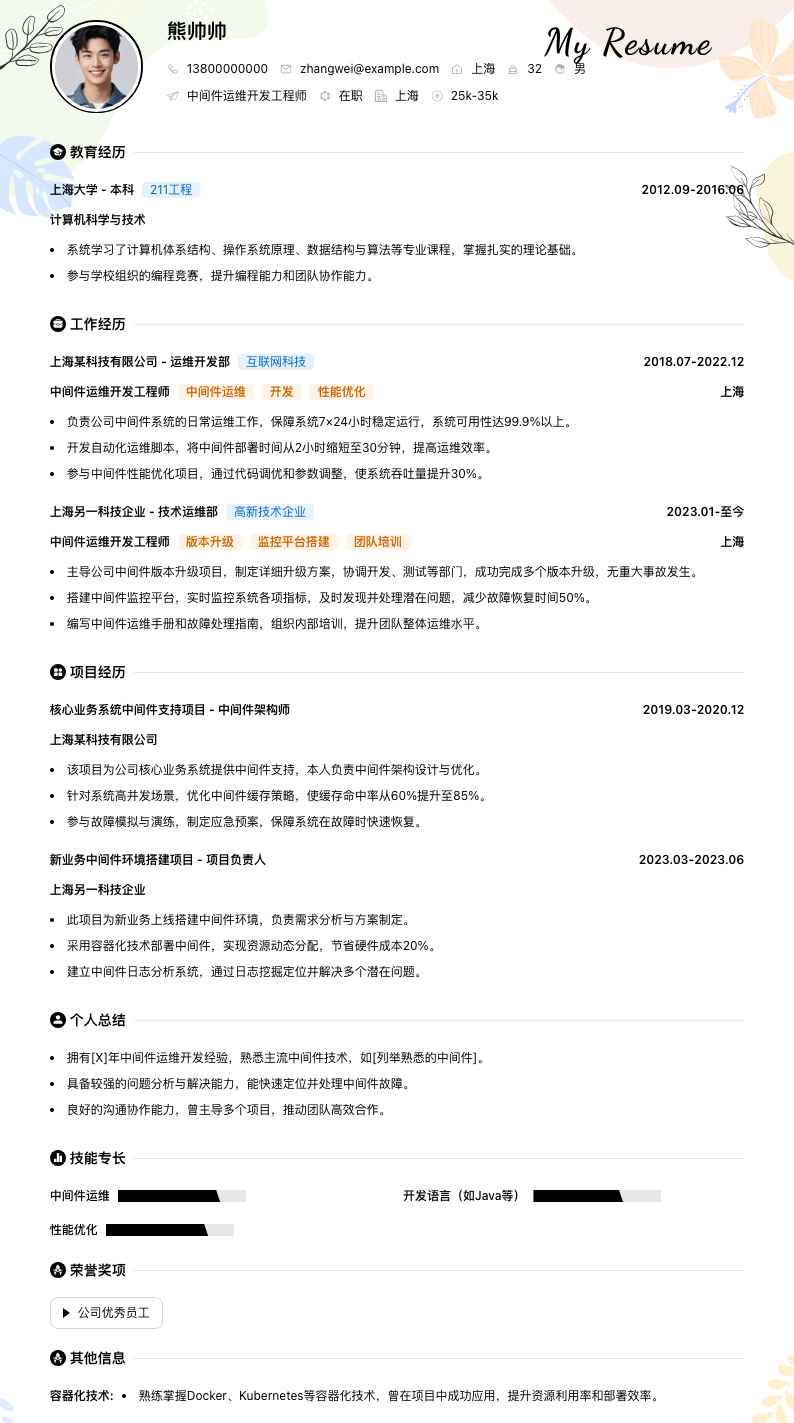 中间件运维开发工程师简历模板