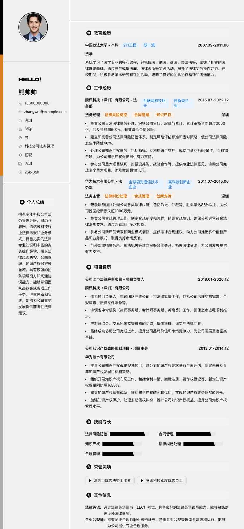 科技公司法务经理简历模板