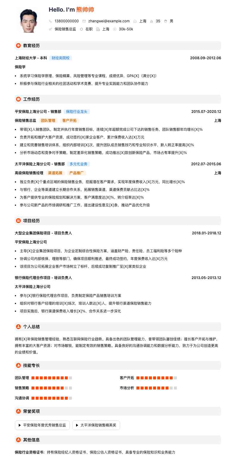 保险销售总监简历模板
