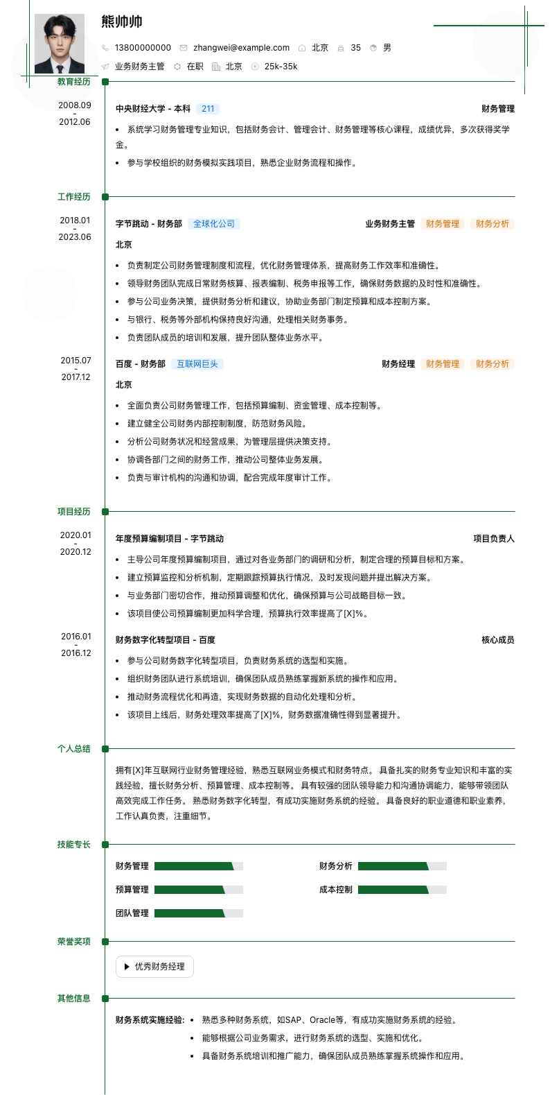 业务财务主管简历模板