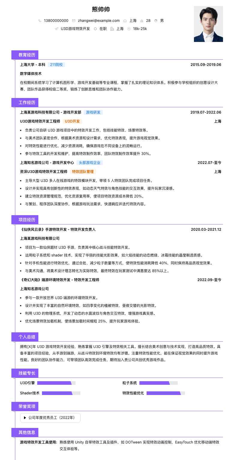u3d游戏特效简历模板