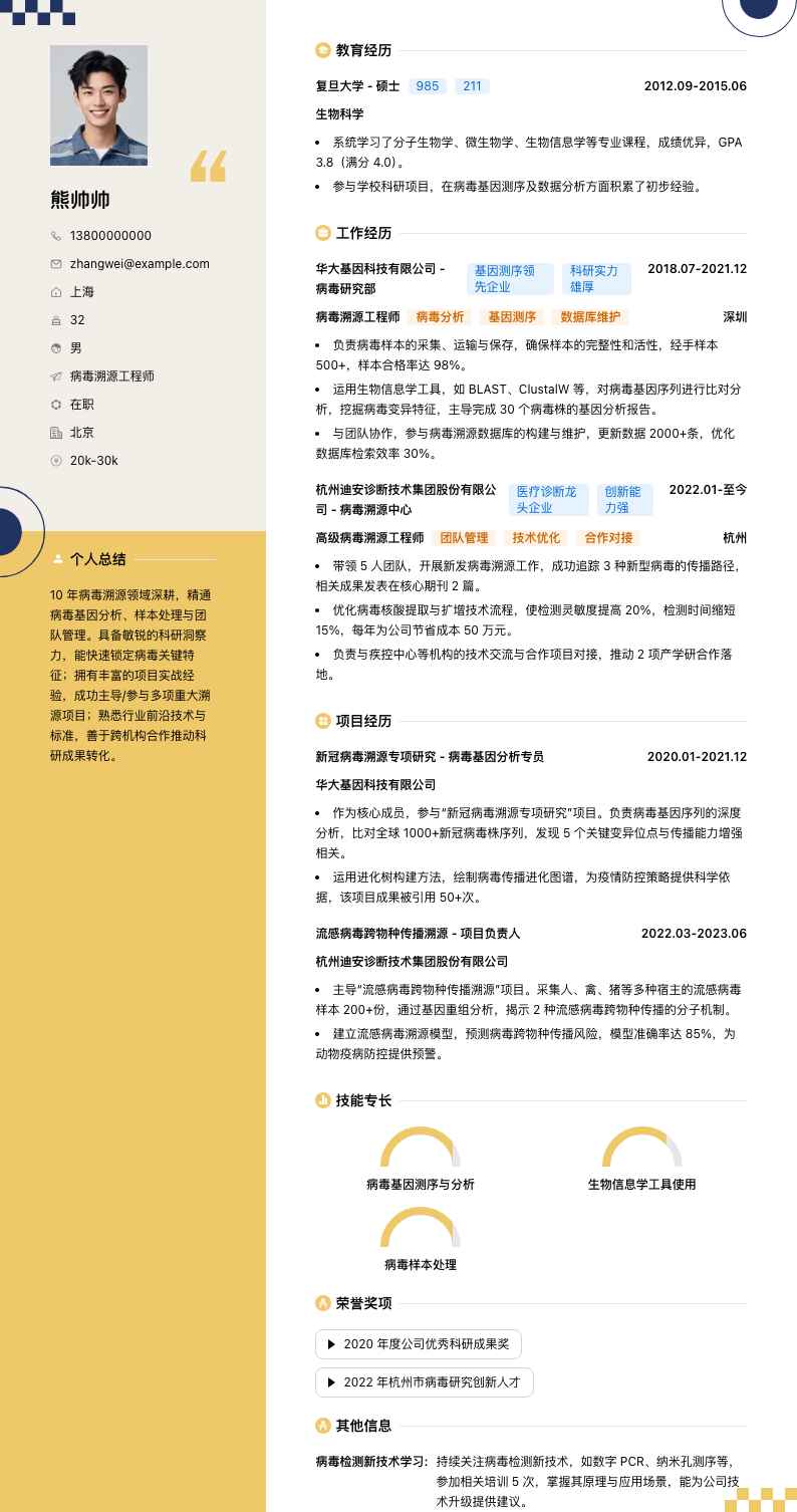 病毒溯源工程师简历模板