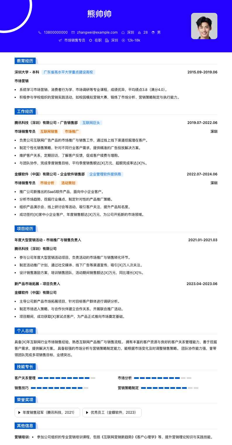 市场销售专员简历模板