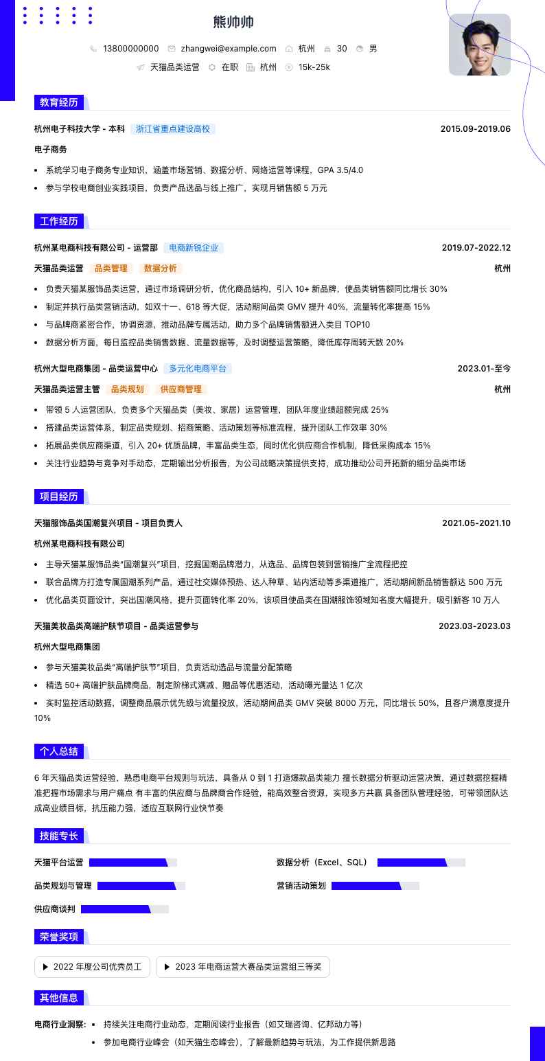 天猫品类运营简历模板