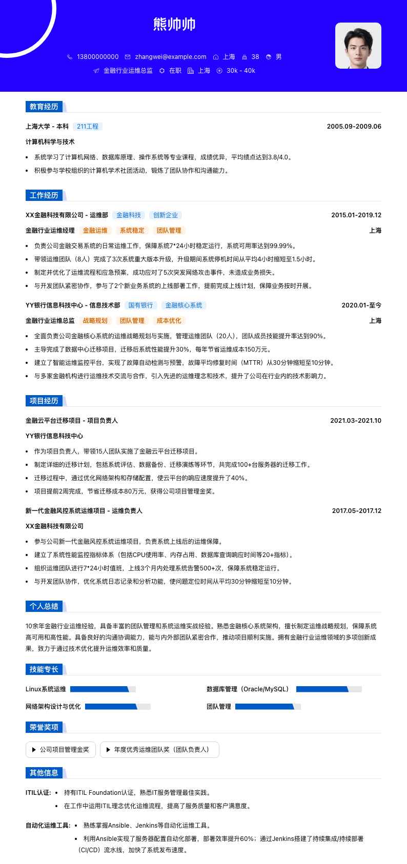 金融行业运维总监简历模板