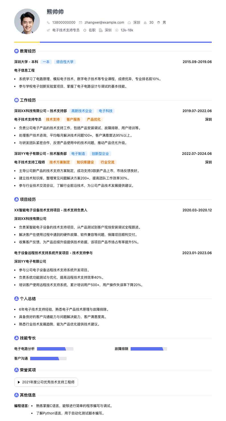 电子技术支持专员简历模板