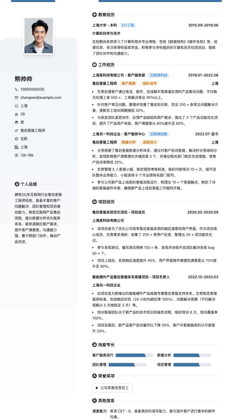售后客服工程师简历模板