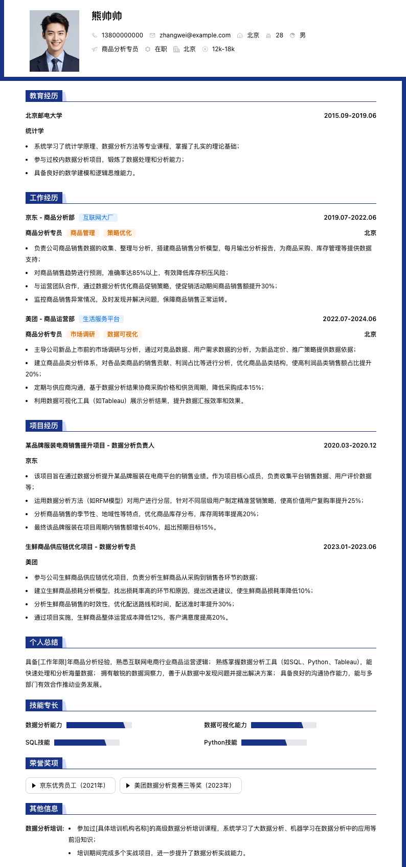 商品分析专员简历模板