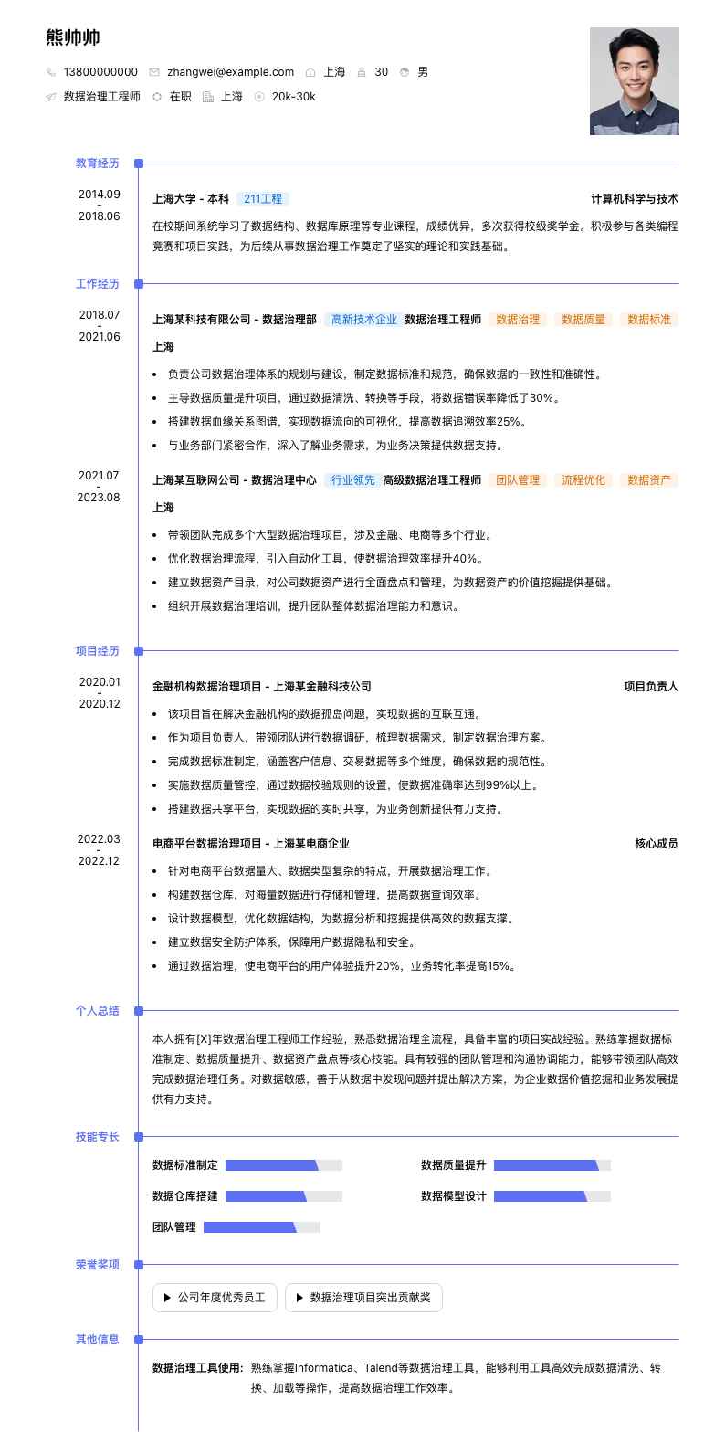 数据治理工程师简历模板
