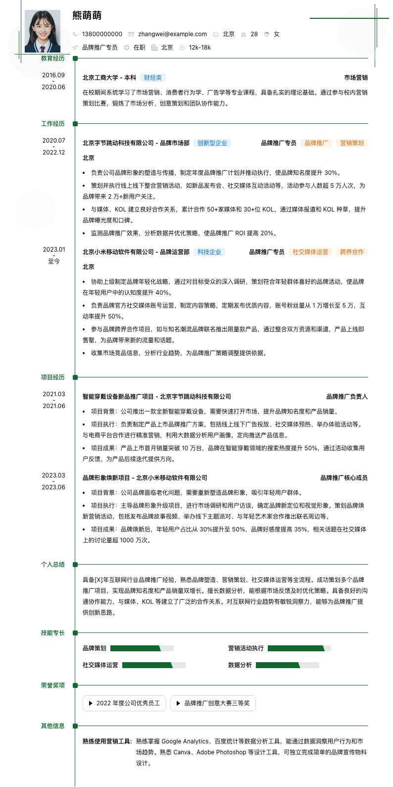 品牌推广专员简历模板