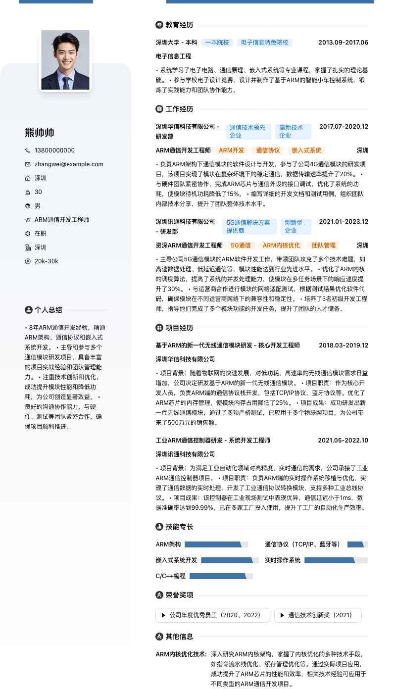 ARM通信开发工程师简历模板