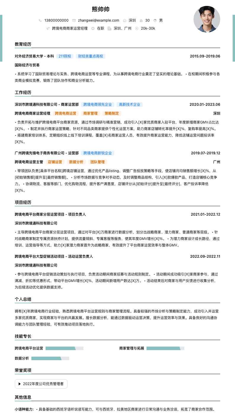 跨境电商商家运营经理简历模板