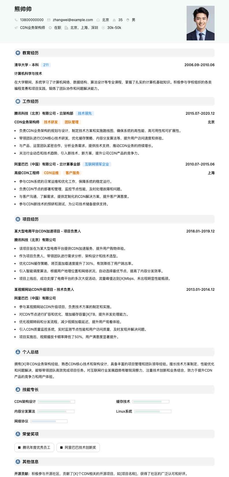 cdn业务架构师简历模板