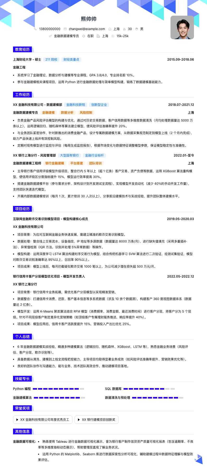 金融数据建模专员简历模板
