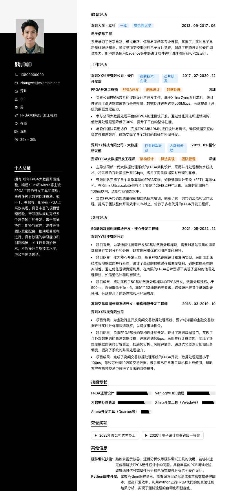 FPGA大数据开发工程师简历模板