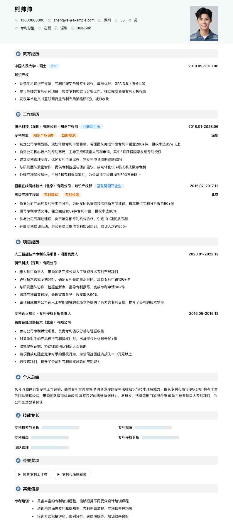 专利总监简历模板