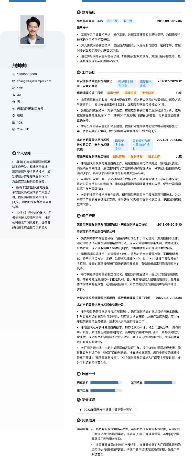病毒漏洞挖掘工程师简历模板