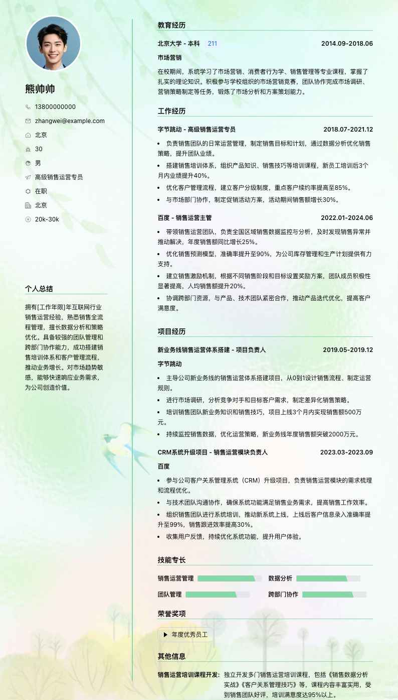高级销售运营专员简历模板