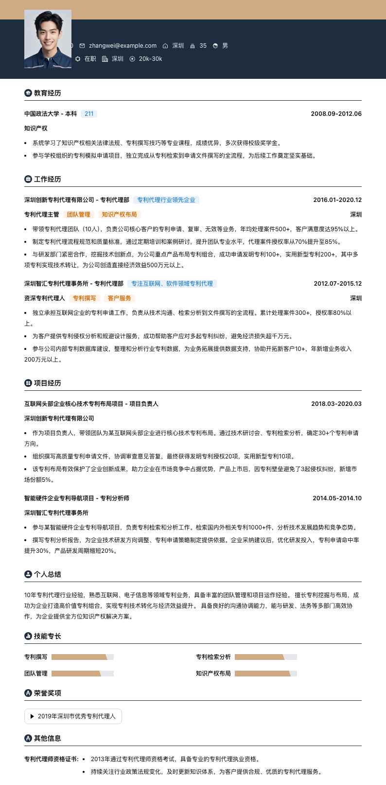 专利代理主管简历模板