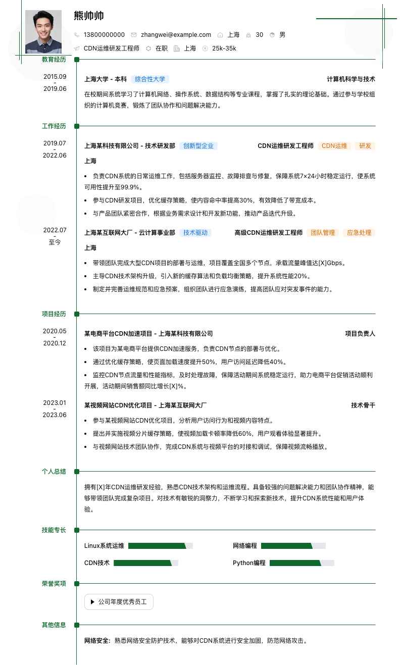 cdn运维研发工程师简历模板