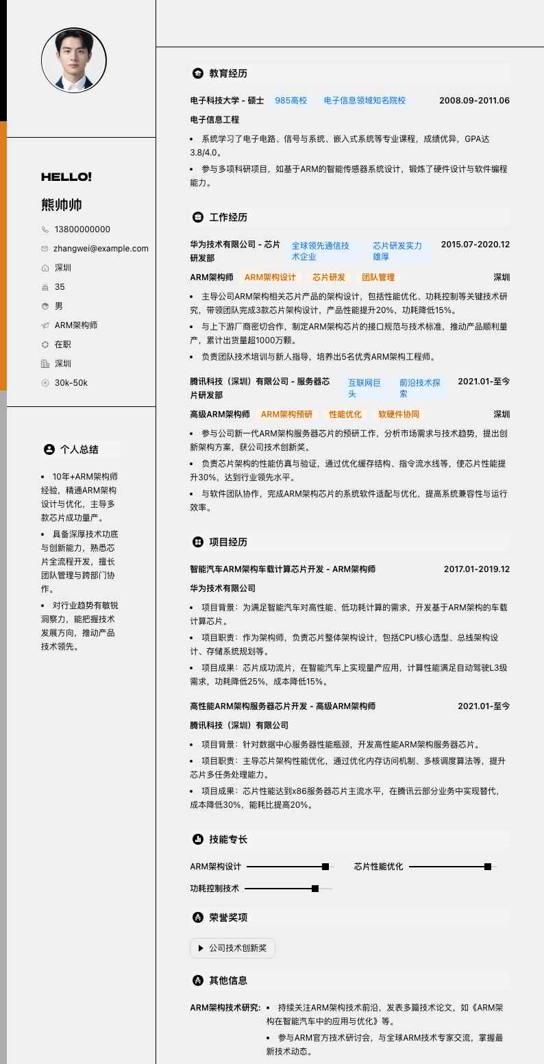ARM架构师简历模板