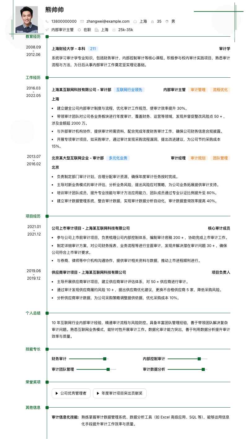 内部审计主管简历模板