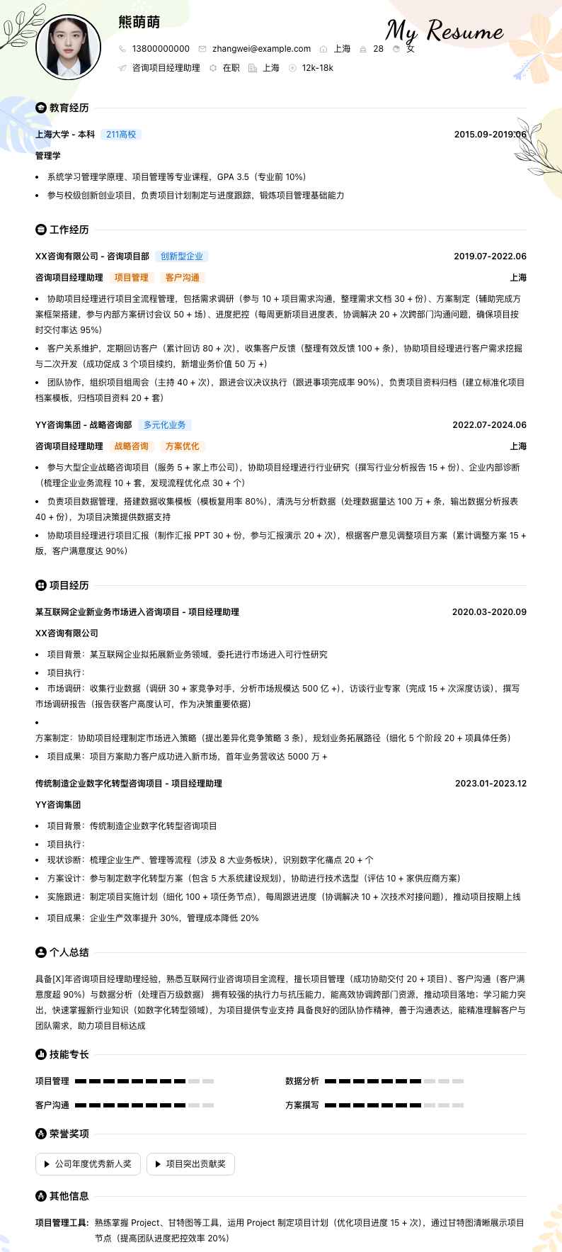 咨询项目经理助理简历模板