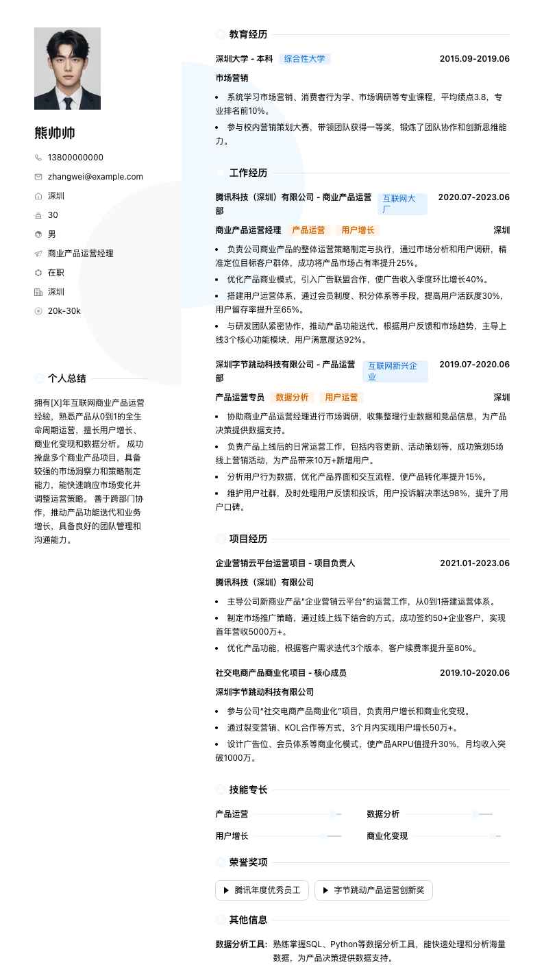商业产品运营经理简历模板