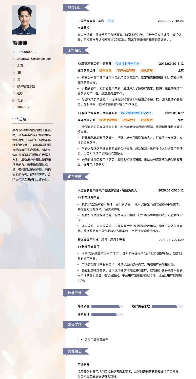 媒体销售总监简历模板