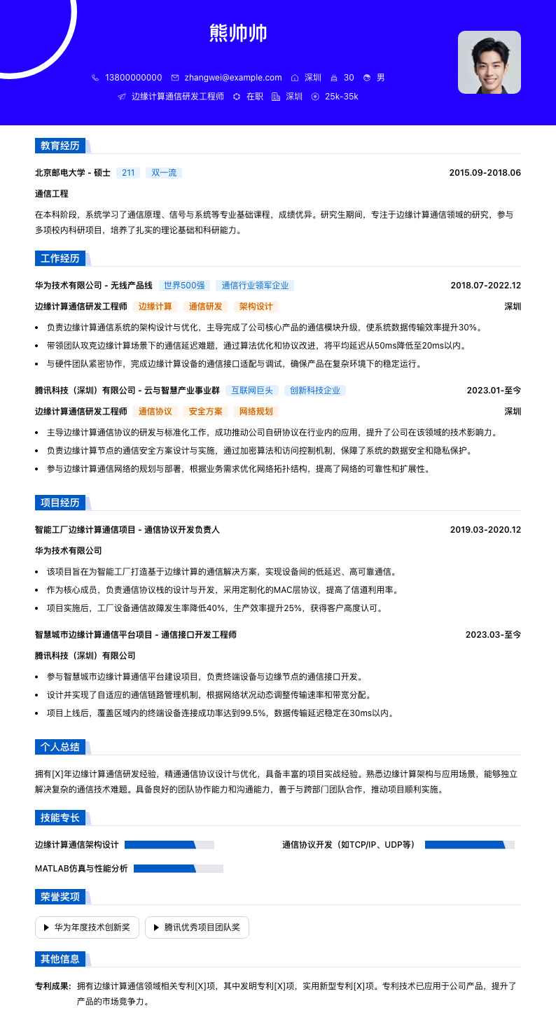 边缘计算通信研发工程师简历模板