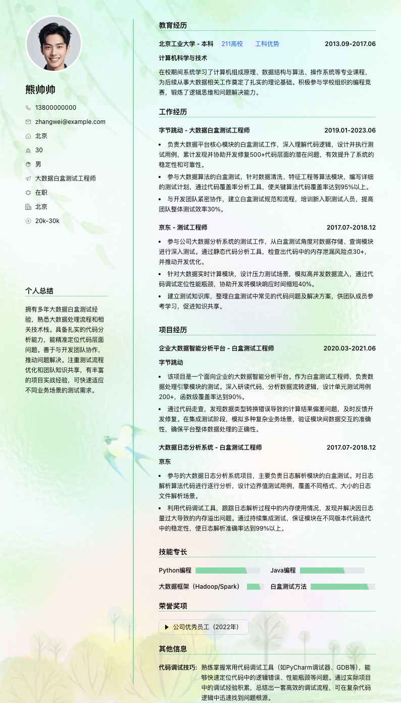 大数据白盒测试工程师简历模板