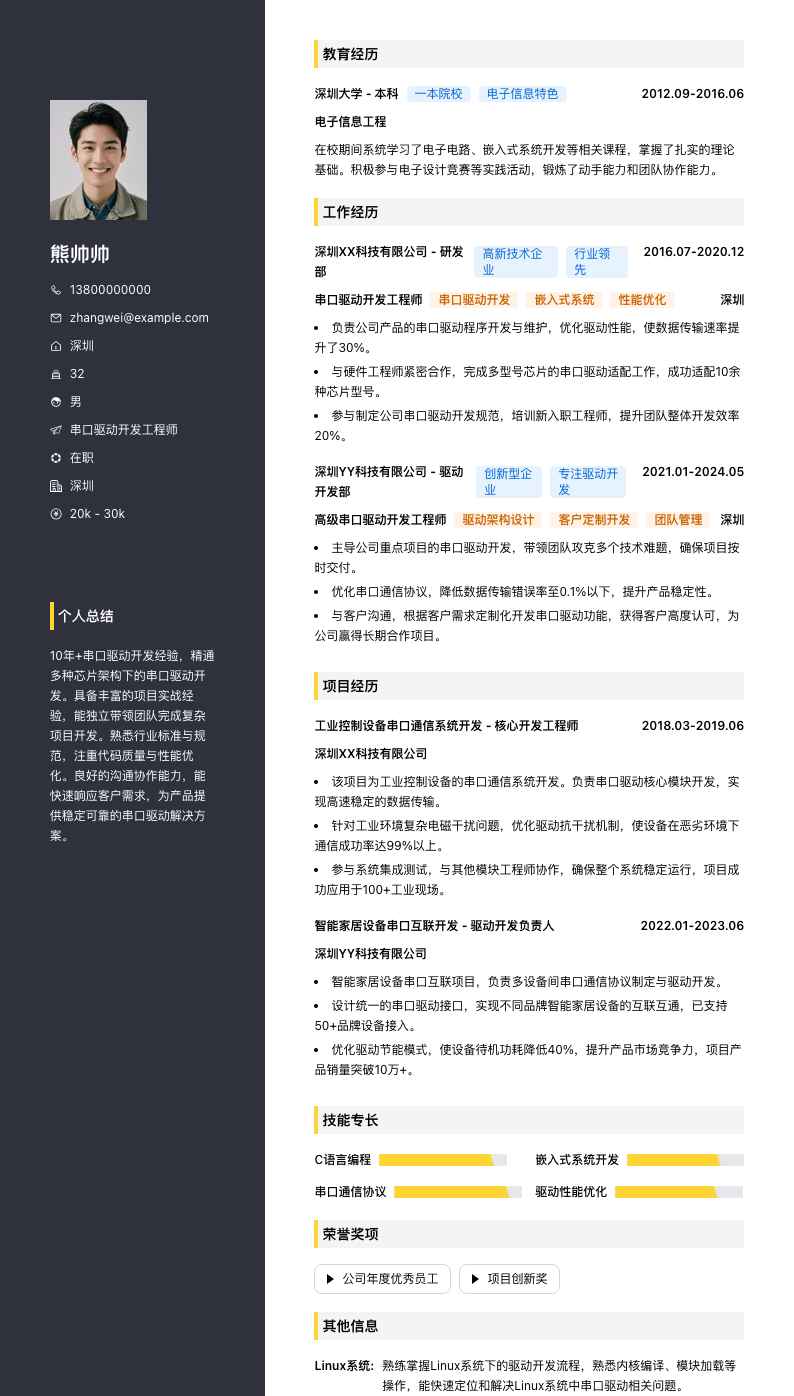 串口驱动开发工程师简历模板