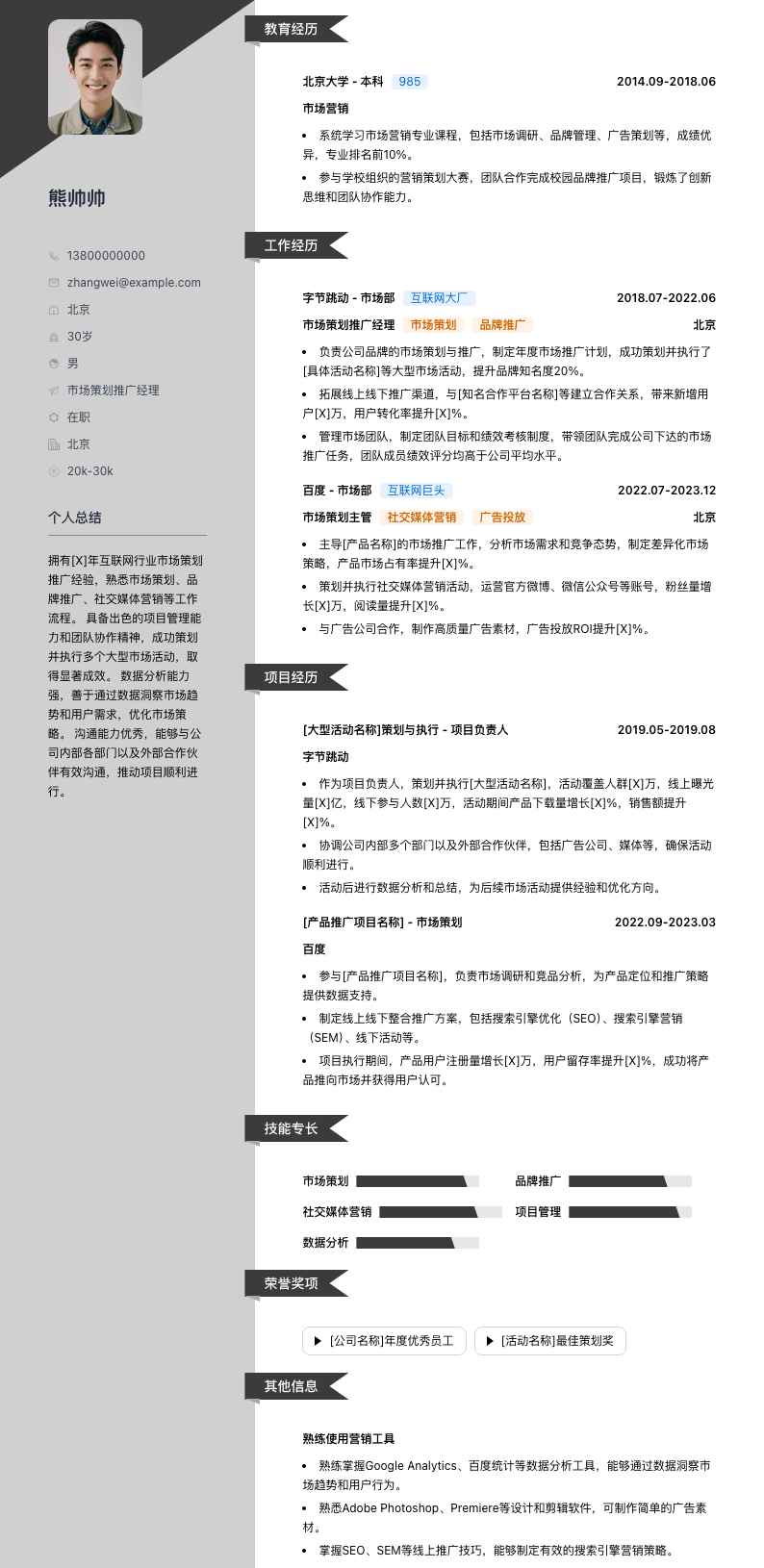 市场策划推广经理简历模板