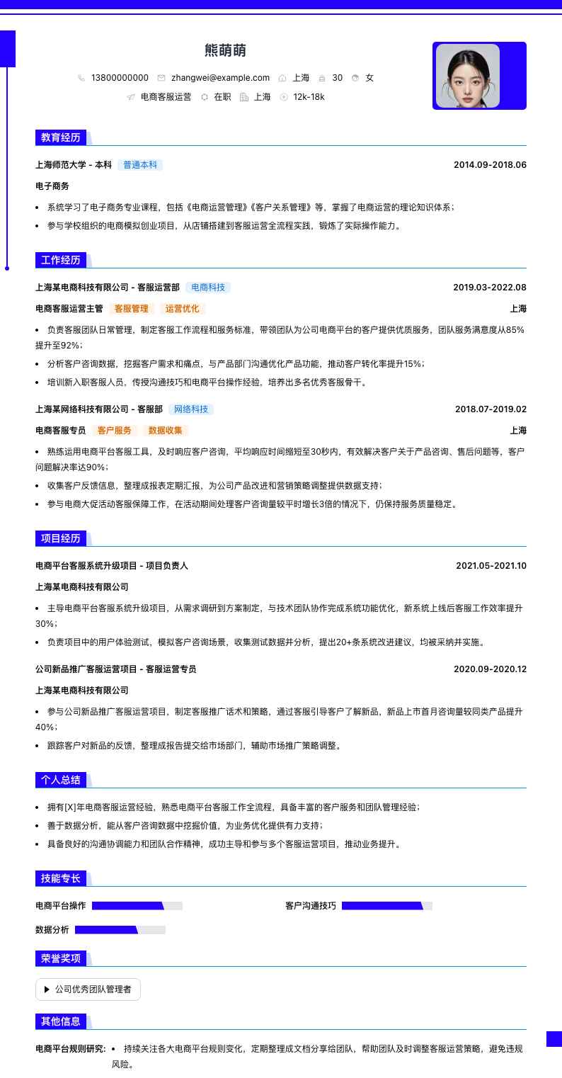 电商客服运营简历模板