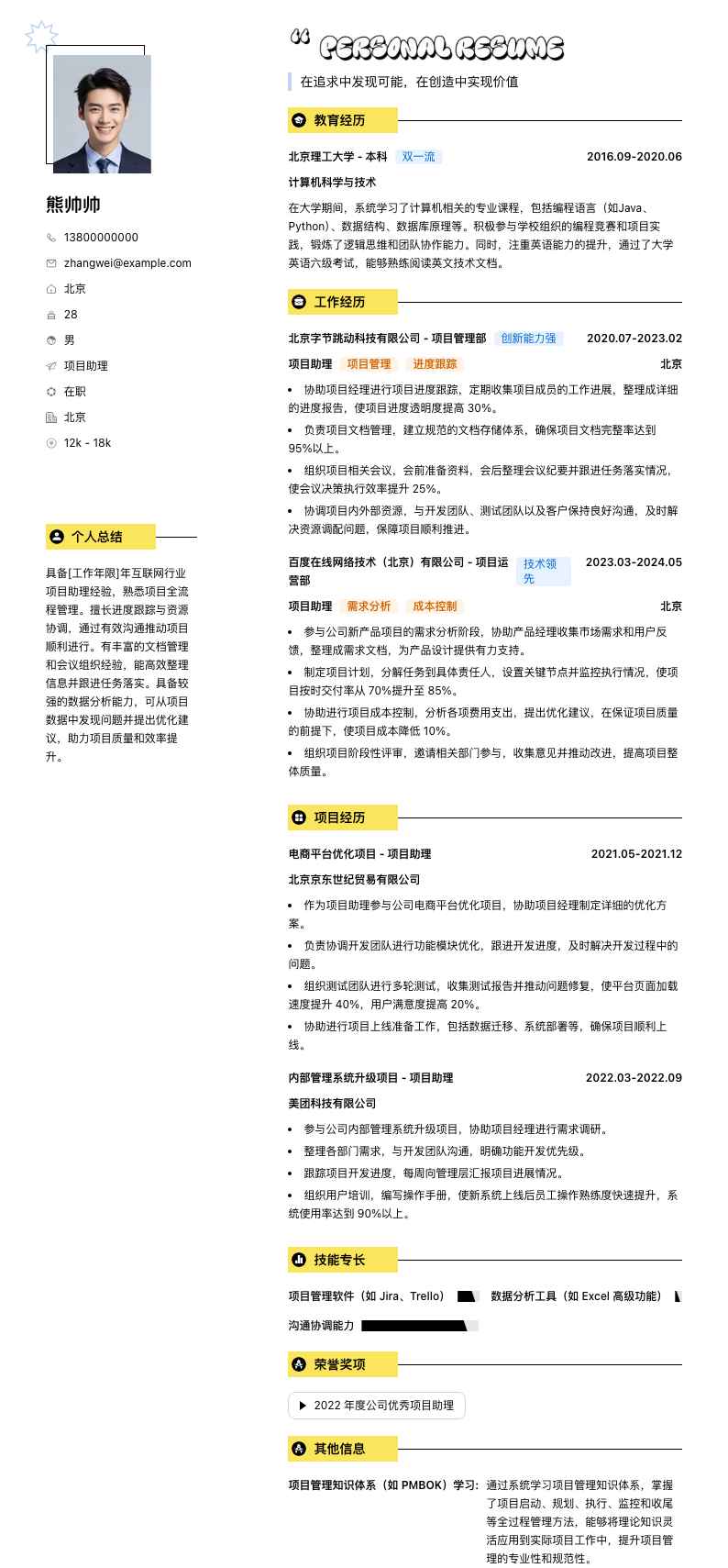 项目助理助理简历模板