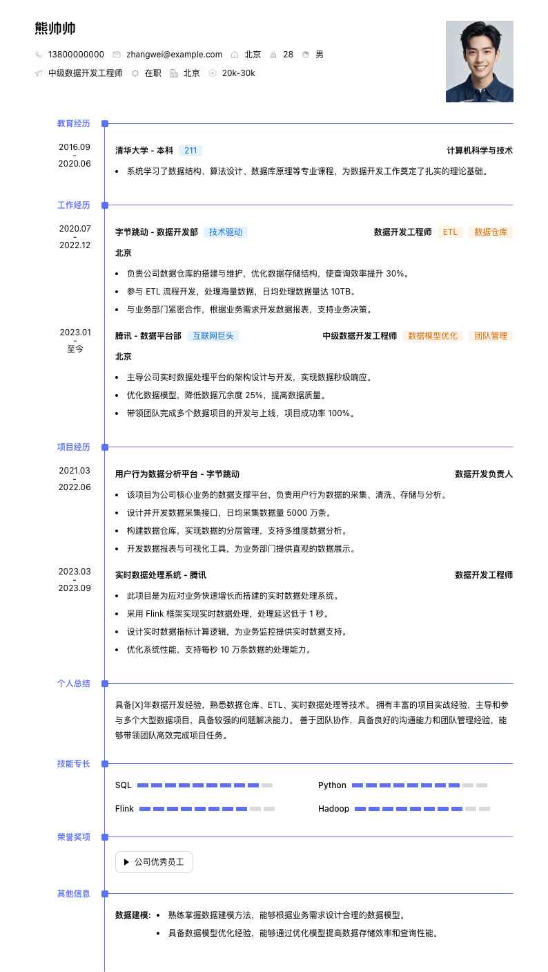 中级数据开发工程师简历模板